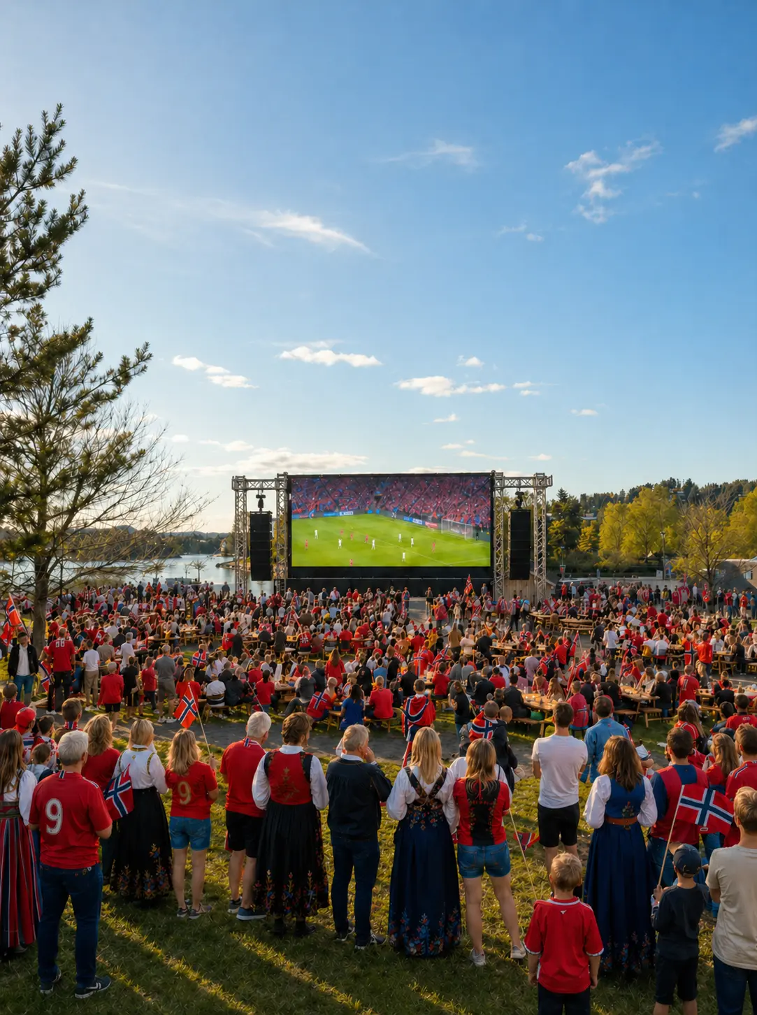 Folkemengde foran storskjermen på Kadettangen